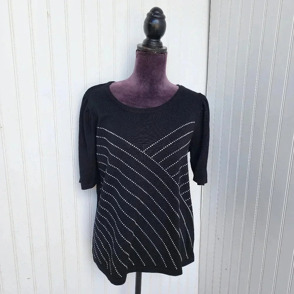 Madison Paris 3/4 Sleeve Crew Neck Sweater Knit Top Studded Rhinestones Black XL - Picture 1 of 10
